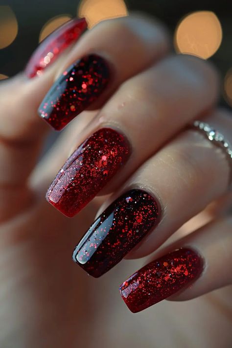 50 Gorgeous Red Nails Ideas to Transform Your Look In 2024(With DIY Tips) - Latest & Trendy Nail Designs Red And Black Fingernails, Black And Red Sparkle Nails, Red And Black Gel Nails Ideas, Crazy Red Nails, Birthday Nails Red And Black, Red And Black Glitter Nails, Black And Red Glitter Nails, Black With Red Nails, Red Nail Designs Simple