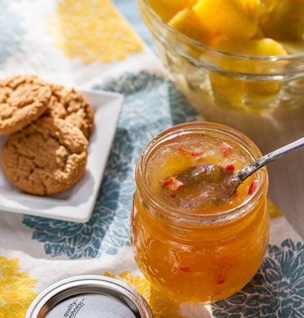 Pineapple Rhubarb Jam - Pineapple and rhubarb marry to produce a robust jam that is quick and easy to prepare. It is amazing with crumpets and wonderful as a filling for layer cakes. Pineapple Jam Recipe, Can Recipes, Can Pineapple, Cooked Pineapple, Food Spoilage, Canning Jams, Pineapple Jam, Preserving Recipes, Rhubarb Jam