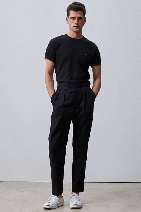 Black Tshirt Black Pants Outfit Men, Tucked In Tshirt Men Outfits, Tshirt Pants Outfit Man, Tucked Tshirt Men Outfit, Night Out Mens Outfits, Black Glam Outfit Men, Men’s Black Trousers Outfit, Mens Black T Shirt Outfits, All Black White Sneakers Outfit