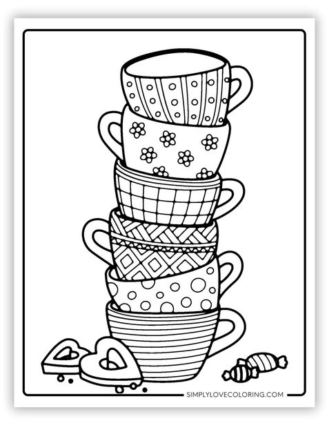 Free coffee coloring pages are great for educational activities for kids, crafts, road trips, and more. Get ideas on fun ways to turn them into a learning experience. Mug Coloring Page, Coffee Coloring Pages, Tea Cup Art, Doodle Coloring, Pola Sulam, Cup Art, Tea Art, Book Page, Coloring Book Pages