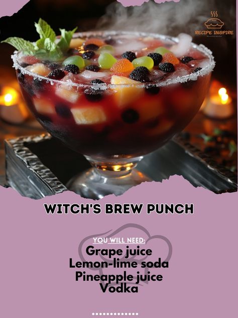 Get into the spooky spirit with this magical Witch’s Brew Punch—perfect for your Halloween celebrations! 🧙‍♀️🧪 #WitchsBrew #HalloweenPunch Witch's Brew Punch Ingredients: Grape juice (2 cups) Lemon-lime soda (2 cups) Pineapple juice (1 cup) Vodka (optional, 2 oz) Dry ice (for effect) Gummy worms (for garnish) Instructions: In a large punch bowl, mix grape juice, lemon-lime soda, and pineapple juice. Add vodka if desired. Add a small piece of dry ice for the smoky effect (handle with care)... Grape Juice Punch, Hocus Pocus Punch, Witches Brew Punch, Halloween Punch Bowl, Lime Sherbet, Halloween Punch, Best Macaroni Salad, Vodka Soda, Lemon Lime Soda