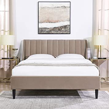 Sandy Wilson Home Marlowe Vertical Tufted Modern Headboard Platform Bed Set, Queen, Mink Beige Performance Velvet Velvet Tufted Bed, Headboard Platform Bed, Upholstered King Bed, Tufted Platform Bed, Modern Headboard, Wingback Bed, Modern Platform Bed, Tufted Bed, Tufted Headboard