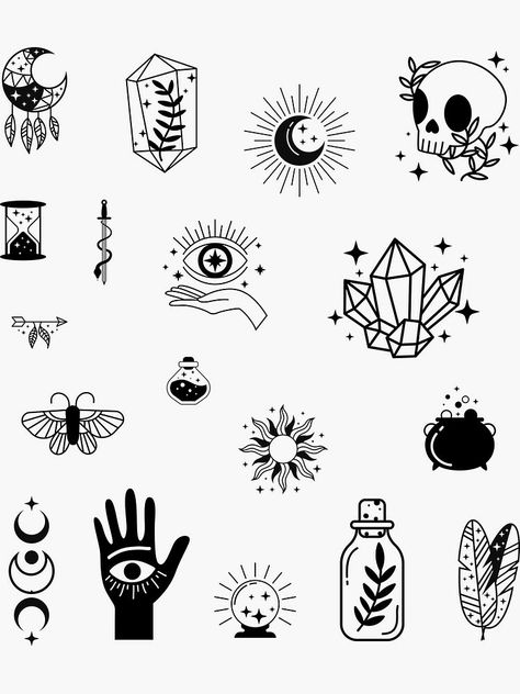 Witchy Sketch Ideas, Witchy Patchwork Tattoo, Small Esoteric Tattoos, Tiny Witchy Tattoos For Women, Minimalistic Witch Tattoo, Black And White Witchy Tattoos, Small Celestial Tattoo, Tiny Witch Tattoo, Small Witchy Tattoos For Women