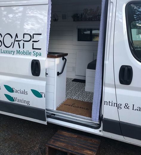 At Home Spa Studio Ideas, Mobile Lash Trailer, Mobile Massage Van Ideas, Mobile Waxing Truck, Camper Massage Studio, Mobile Therapy Van, Mobile Massage Truck, Mobile Spa Truck Spas, Business Van Design