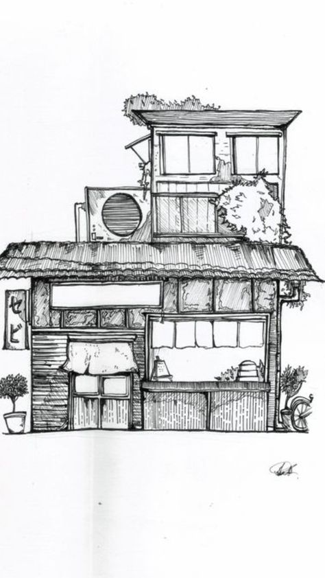 Japanese House Drawing, Japanese Architecture Drawings, Fluffy Black Cats, Fluffy Black Cat, Cityscape Drawing, Fluffy Cats, Dotted Drawings, Watercolor House Painting, Japanese Shop