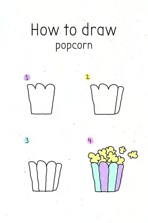 Popcorn Drawing Simple, Popcorn Tattoo, Popcorn Doodle, How To Draw Popcorn, Popcorn Paint, Popcorn Vector, Doodles Tutorial, Doodle Tutorial, Doodle Food