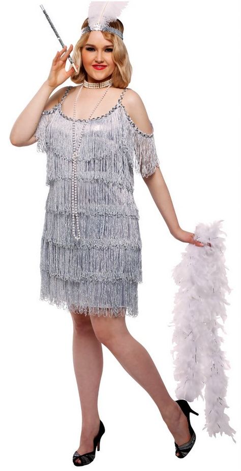 Plus Size Women's Silver Fringed Martini Flapper Costume Party Dresses For Women Wedding Indian, Silver Fringe Dress, Plus Size Flapper Costume, Plus Size Flapper Dress, Gatsby Party Outfit, 20s Costume, Gatsby Dresses, Silver Dresses, Gatsby Costume