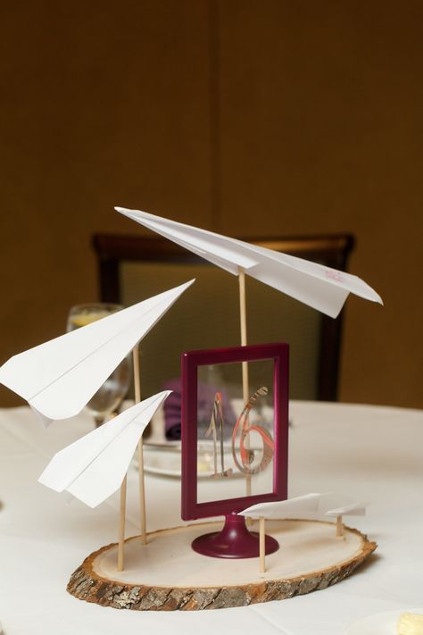 Paperman Disney wedding centerpiece History Themed Centerpieces, Aviation Centerpiece Ideas, Vintage Airplane Centerpiece Ideas, Airplane Table Centerpiece, Airplane Museum Wedding, Flight Wedding Theme, Airplane Table Decorations, Pilot Centerpieces, Adventure Centerpieces