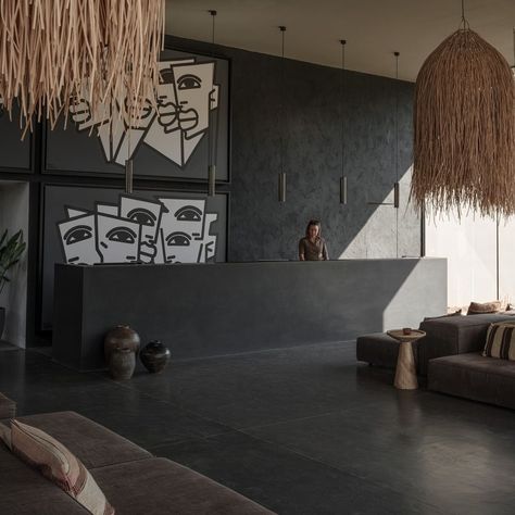 OKU Hotels - Laidback Luxury on Instagram: “Woven lamps, brushed concrete and accent artworks by artist Steve Tepas welcome you to our lobby at OKU Ibiza. Our minimalist bohemian…” Casa Cook, Japanese Philosophy, Lobby Interior, Bohemian Design, Hotel Lobby, Lobby, Hotels Room, Wabi Sabi, Boutique Hotel