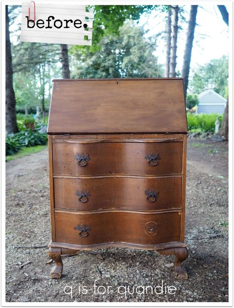 a sweet serpentine secretary desk. – q is for quandie Secretary Desk Upcycle, Refurbished Writing Desk, Updated Secretary Desk, Refinishing Secretary Desk, Cottage Painted Furniture, Redo Secretary Desk, Refinished Secretary Desk Ideas, Painted Secretary Desks Ideas Colors, Painted Antique Secretary Desk