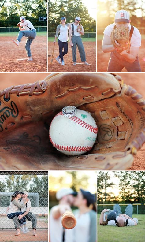 BASEBALL ENGAGEMENT...I AM THINKING SAVE THE DATES AND ENGAGEMENT PHOTO. HOME RUN!! LOL Baseball Engagement Photos, Baseball Engagement, Themed Engagement Photos, Baseball Wedding, Sports Wedding, Cute Wedding Ideas, Wedding Engagement Photos, Wedding Wishes, Wedding Pics