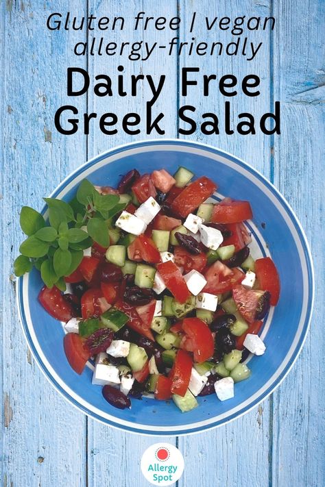 You'll love this quick and easy dairy free Greek salad. It's such a versatile dish and goes with a wide range of meals as a side dish. Or enjoy a generous serve on its own as a healthy main. Made with a handful of fresh ingredients and creamy dairy free Feta cheese, it's not only allergy-friendly but also gluten free and suitable for vegans too. Greek Sides, Greek Salad Ingredients, Vegan Salads, Mint Salad, Salad Vegan, Mediterranean Food, Allergy Friendly Recipes, Vegan Salad, Easy Salad Recipes