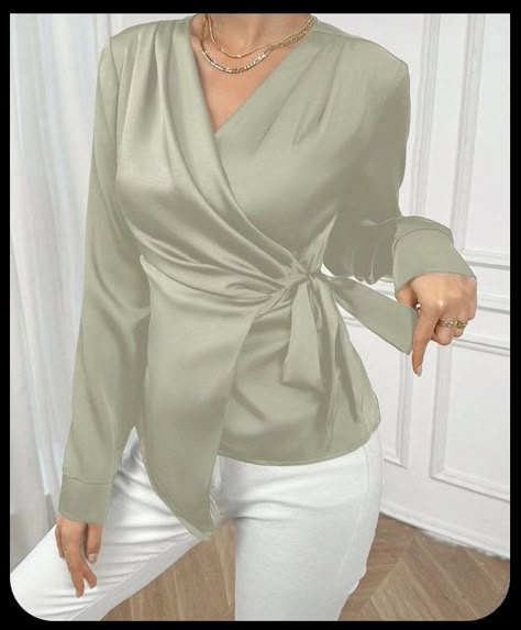 Satin Wrap Blouse, Office Tops, Classic Blouse, Dinner Dress Classy, Soiree Dress, Style Guru, Sleeveless Shirts, Classic Blouses, Sequin Crop Top