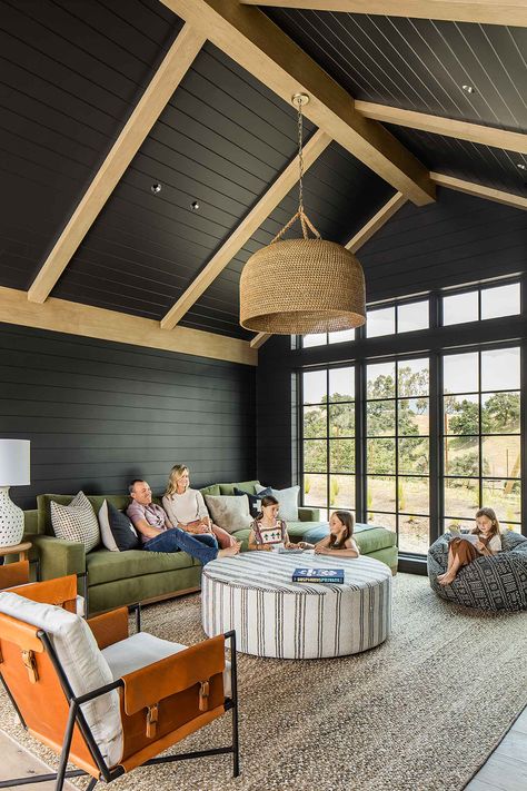 Black Shiplap, Future Farmhouse, Traditional Home Magazine, Shiplap Ceiling, Plank Ceiling, Santa Ynez, Transitional Living, Bungalow Style, Transitional Living Rooms