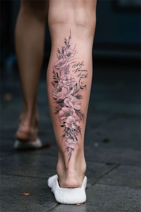 Discover the enchanting world of tattoos for women, featuring captivating designs perfect for the calf. Whether you prefer small, cute flowers or a classy half sleeve that wraps elegantly around your leg, there’s something for everyone. Explore unique pieces that carry deep meanings, or opt for beautiful ink that stands out. Your next tattoo could be the perfect expression of your personality and style! Dive into our gallery for inspiration! #TattoosForWomen #CalfTattoos #TattooInspiration Flowers Calf Tattoo, Women’s Leg Tattoos Calf, Floral Calf Tattoos For Women, Wrap Around Calf Tattoos For Women, Back Calf Tattoos For Women, Women Calves Tattoo, Tattoos For Women Unique, Calf Tattoos For Women, Leg Sleeve Tattoo