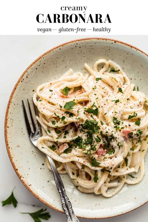 Check out this Vegan Carbonara recipe, made with simple healthy ingredients and a rich and creamy carbonara sauce that's completely dairy-free! #vegancarbonara #vegandinnerrecipes #carbonararecipe #veganmeals Vegan Carbonara Recipe, Healthy Carbonara, Creamy Carbonara Sauce, Vegan Carbonara, Creamy Carbonara, Healthy Spaghetti, Carbonara Sauce, Carbonara Recipe, Spaghetti Carbonara