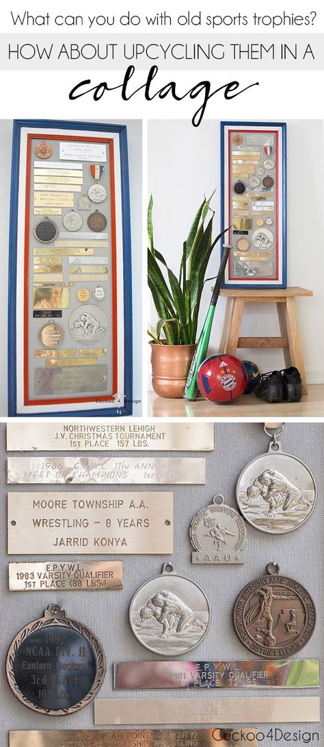 upcycling your old sports trophies and medals in a collage Sports Awards Ideas, Upcycle Trophies, Repurpose Trophies, Trophy Display Ideas, Man Cave Bar Diy, Old Trophies, Trophy Display, Sports Trophies, Ultimate Man Cave