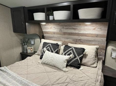 Camper Master Room Remodel, Gray And Black Camper Interior, Travel Trailer Bedding Ideas, Black And Grey Camper Interior, Camper Bedding Ideas Color Schemes, Camper Bunkhouse Decor, Bedroom Camper Remodel, Trailer Bedding Ideas, Camper Bedrooms Ideas