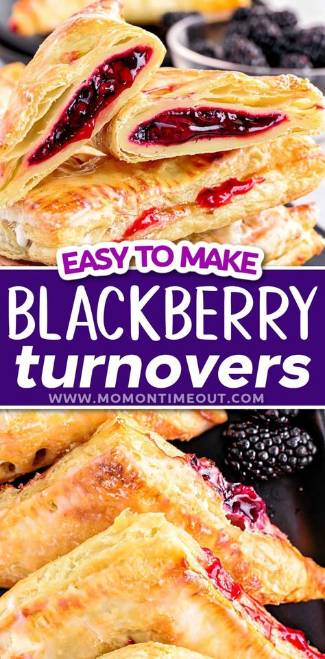 Blackberry Turnovers are as easy to make as they are delicious! A perfectly simple homemade filling is wrapped with flaky puff pastry and drizzled with a 2 ingredient glaze. These turnovers will be plucked off the plate and gone before you know it! // Mom On Timeout Brunch On The Go, Recipes Using Fresh Blackberries, Blackberry Puree Recipes, Baking Day Ideas, Fruit Baking Recipes, Marionberry Recipes, Fresh Blackberry Recipes, Recipes With Berries, Easy Berry Dessert