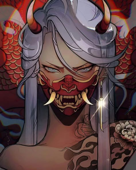 women, Japanese Art, samurai, oni girl, mask, horns, digital painting | 1080x1350 Wallpaper - wallhaven.cc Oni Maske, Oni Art, Tato 3d, Witcher Wallpaper, Mask Drawing, Oni Mask, Samurai Art, Masks Art, Dark Fantasy Art