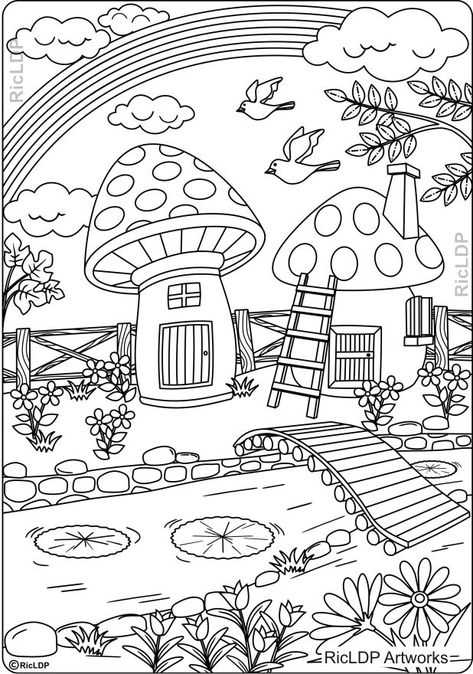 House Coloring Pages, A Coloring Page, House Colouring Pages, Free Adult Coloring Pages, Mushroom House, Easy Coloring Pages, 자수 디자인, Coloring Pages To Print, Coloring Book Art