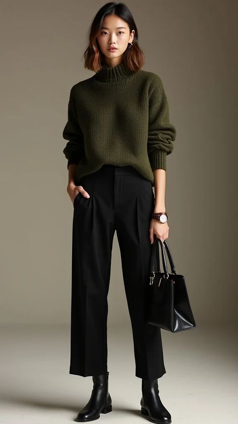 Cozy Knit Sweater with Tailored Trousers for Fall Classic Smart Casual Outfits, Casual Executive Outfit Women, Sweater Outfits Office, Polished Work Looks, Womens Workwear Outfits, Business Casual Dress Code For Women, Effortless Office Outfits, Cold Winter Layering Outfits, Sweater Business Casual Outfits