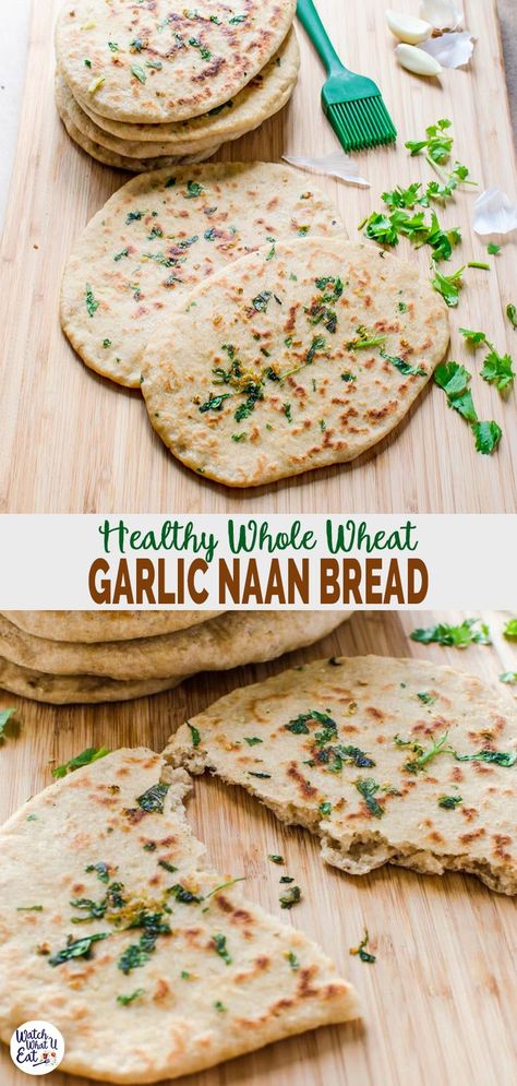 Whole Wheat Naan Recipe, Naan Bread Recipe Easy, Garlic Naan Bread Recipe, Quinoa Wraps, Homemade Garlic Naan, Indian Flatbreads, Garlic Naan Bread, Naan Bread Recipe, Grains Recipes