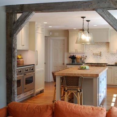 Wooden Beam Room Dividers Design Ideas, Pictures, Remodel and Decor Dapur Rustic, Open Kitchen And Living Room, Diy Rustic Home, Decor Ikea, Kitchen On A Budget, Ideas Pictures, Room Remodeling, Style At Home, Traditional Kitchen