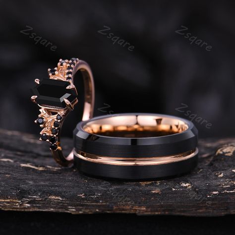 Introducing our long hexagon cut black onyx couples ring set - a perfect symbol of love and commitment for the special couple. ITEM DESCRIPTION * Handmade, high-quality item! * Material: Sterling silver/10K/14K/18K Solid GOLD/Tungsten Her Ring: * Center stone: Natural black onyx * Stone size: 5x9mm hexagon cut * Side stone: black spinel ► Please contact me if you have special requests, such as change the center stone or the ring style.  His Ring: * Band width: 8mm * Black and rose gold Tungsten Obsidian Wedding Rings, Black And Gold Wedding Rings, Black Wedding Ring Sets, Matching Ring Set, Couples Ring, Rose Gold Tungsten, Black Tungsten Rings, Couples Ring Set, Black Tungsten