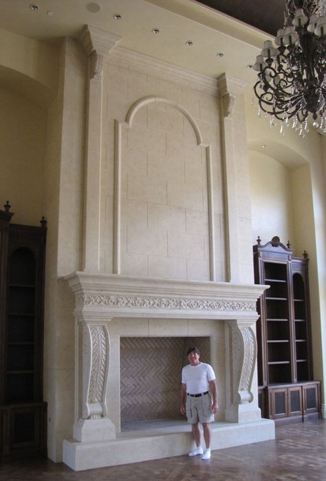 Big Chimney Fireplaces, Large Cast Stone Fireplace, Large Limestone Fireplace, Big Fireplace Ideas, Tall Fireplace Mantle, Large Fireplace Mantle Decor, Extra Large Fireplace, Large Fireplace Mantle, Giant Fireplace