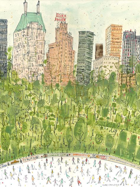 Travel illustrations by Clare Caulfield · Miss Moss Nyc Drawing, Essex House, Skating Pictures, Manhattan Art, New York Painting, New York Canvas, Central Park Nyc, House Sketch, Skate Art