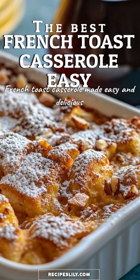 I can't get enough of this easy French toast casserole! It's the perfect blend of flavors, effortlessly delicious and perfect for brunch or breakfast gatherings. You'll love how simple it is to prepare, yet it feels so indulgent. Trust me, your family will be asking for seconds! French Toast Cocktail, Breakfast Brunch Food Ideas, French Toast Bake Sourdough, French Toast Recipe Casserole Easy, White Bread French Toast Casserole, French Toast For A Crowd Simple, Overnight Custard French Toast, Brunch Ideas For Birthday, Healthier French Toast Casserole