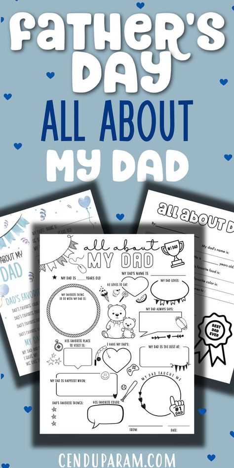 cute collection of father's day activities for kids. this one is all about dad printable questionnaire free pdf Printable Father’s Day Questionnaire, Primary Father’s Day Activity, Father’s Day Questionnaire Free, Father’s Day Kids Survey, Father's Day Activities For Preschoolers Printables, All About My Dad Free Printable Kids, Father’s Day Questionnaires, Free Fathers Day Crafts For Kids, Free Father’s Day Printables For Kids