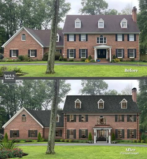 Exterior Under Window Panels, Red Brick House Exterior Black Windows, Traditional Brick House Exterior Makeover, Brick And Gray House Exterior, Red Brick Colonial House Black Windows, Red Brick House Exterior Landscaping, Red Brick House With Black Roof, Colonial House Windows, Modernize Colonial Exterior