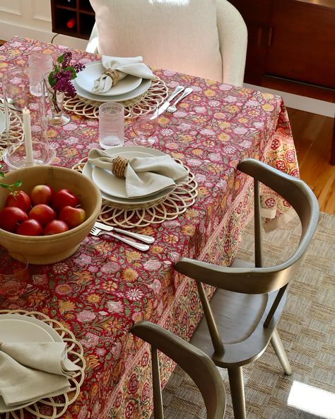 A tablescape blooming in color 💐 Crafted in the rich tradition of Indian block printing, our Annalise Tablecloth is made by artisans who use carved wood to press floral motifs onto pure cotton. @Steviemaxine paired it with our rattan chargers and Mason Dinnerware to complete her inviting summer table. #MyPotteryBarn Indian Block Printing, Rattan Charger, Summer Table, Summer Tables, Indian Block Print, Color Crafts, Block Printing, Floral Motifs, Instagram Inspiration