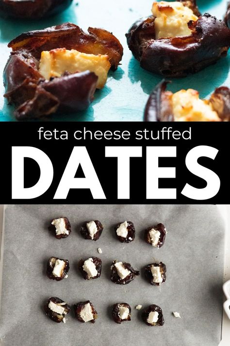 Feta Stuffed Dates are the perfect vegetarian mix of sweet and savory that will be a sure hit at your next dinner party. Whipped Feta Stuffed Dates, Feta Stuffed Dates, Stuffed Date Appetizer, Cream Cheese Stuffed Dates, Goat Cheese Stuffed Dates, Easy Tapas, Cheese Stuffed Dates, Meze Recipes, Perfect Christmas Dinner