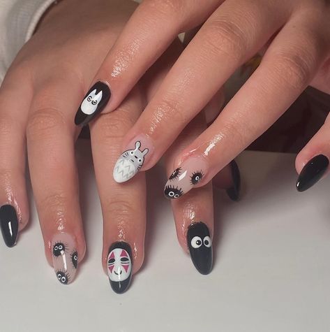 short almond — #characternails #nailart #nailartist #blacknails #animenails #totoro #spiritedaway #totoronails #lanails #losangeles #lynwood #90262 Anime Short Nails, Short Anime Nails, Nails Circle, Totoro Nail Art, Irotoiro Nail, Totoro Nails, Character Nails, Manicure Nail Designs, La Nails