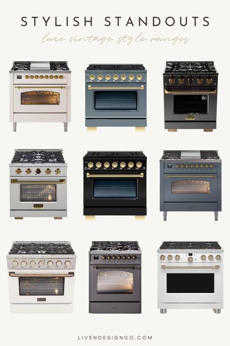 luxe vintage style oven ranges. la cornue range. blue gray range. italian range. french oven range. gold range. antique oven range. black and gold range. dual fuel range. range with antique brass hardware knobs. fancy oven. cafe range. white and gold range. cream oven range Black And Gold Range, Antique Oven, Cafe Range, Cornue Range, Brushed Bronze Hardware, Italian Range, La Cornue Range, French Oven, Slide In Range