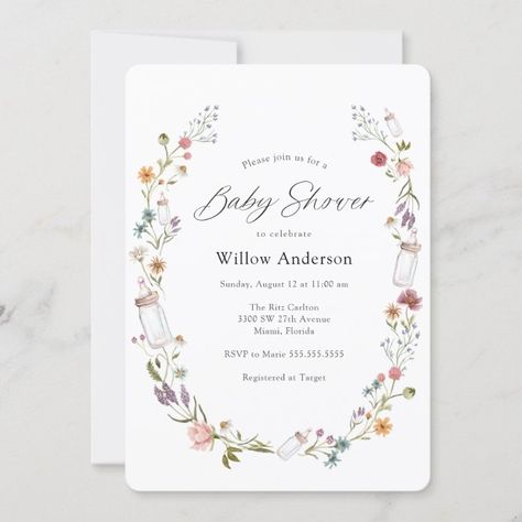 Baby Sip And See, Wildflower Invitation, Wildflower Baby Shower, Wildflower Wreath, Zazzle Wedding, Sip And See, Summer Baby Shower, Unique Baby Shower Gifts, Floral Party