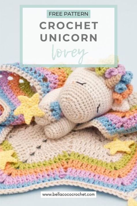 Crochet this adorable unicorn lovey with a FREE step-by-step pattern on the blog. Click the link for all the details. Pattern by guest designer Banga Lovey Free Pattern, Unicorn Lovey, Crochet Unicorn Blanket, Crochet Unicorn Pattern Free, Crochet Lovey Free Pattern, Crochet Projects To Sell, Lovey Baby Blanket, Bella Coco, Crochet Unicorn Pattern