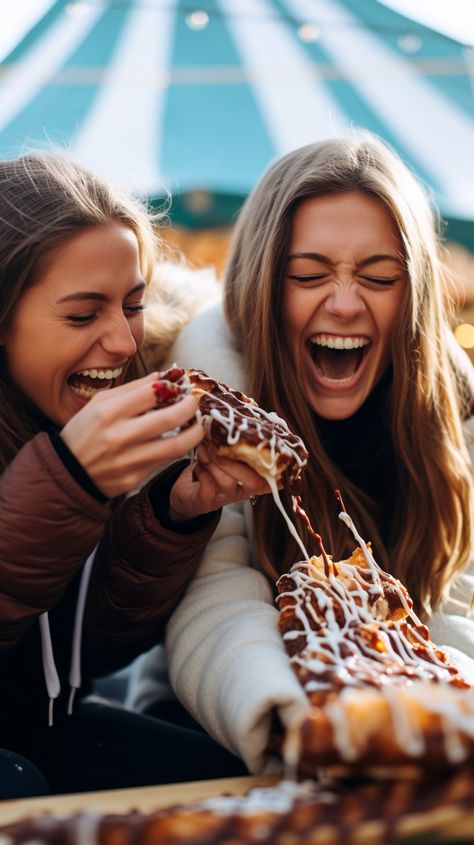 Joyful Eating Moment: Two friends share a carefree outdoor moment, joyously biting into a decadent, overflowing waffle. #friends #laughter #joy #waffle #chocolate #berries #eating #happiness #aiart #aiphoto #stockcake https://ayr.app/l/NXXh Out Eating With Friends, Eating Food Photoshoot, People Enjoying Food, Baking With Friends Photos, Eating Out With Friends, Friends Cooking Together, Friends Eating Together Aesthetic, Friends Eating Ice Cream, Cooking Friends