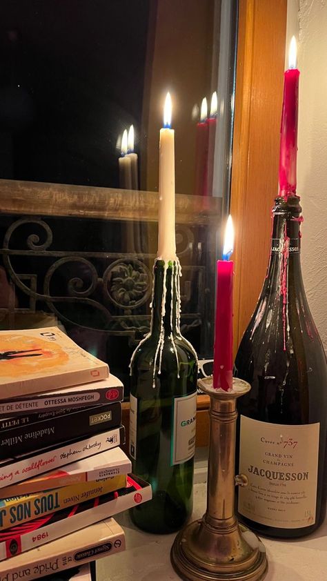 Wine Bottles And Candles, Wine Bottle Crafts Candle Holders, Alcohol Bottle Candle Holder, Bottles Of Wine Aesthetic, Tall Candles Aesthetic, Wine Bottles Candles, Champagne Bottle Candle, Candle Wine Bottle Aesthetic, Candles In Wine Bottles Aesthetic