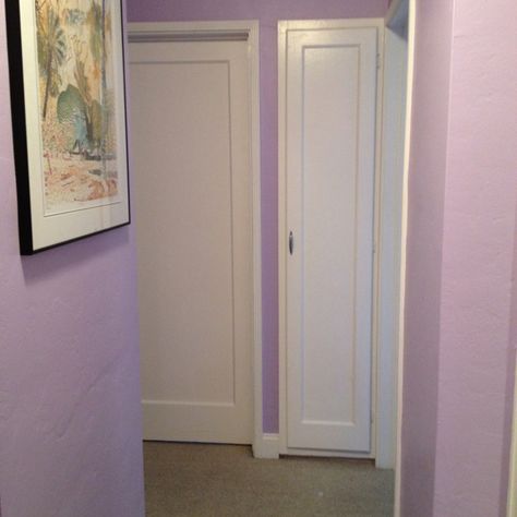 Purple Interior Door, Light Purple Wall Paint, Light Lavender Wall Paint, Lavender Wall Color, Behr White Lavender, Purple Hallway, Lilac Painted Gront Doors, Lilac Wall, Lavender Wall