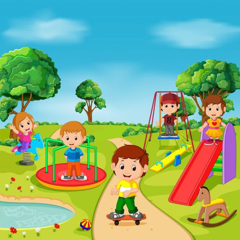 Kids playing outdoor in park Premium Vec... | Premium Vector #Freepik #vector #flower #kids #children #green Outdoor Graphic Design, Outdoor Images, Picture Comprehension, Picture Cartoon, Images Cartoon, Picture Composition, Children Park, Outdoor Park, Kids Background