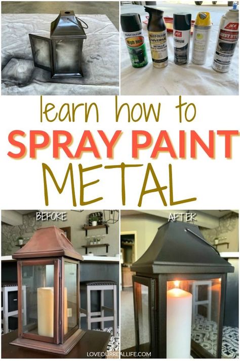 Do you have some outdated metal home decor? Learn how to spray paint old decor and give it new life! Paint is a cheap way to update decor and furniture. Use your favorite color to get the exact look you want! #paint #spraypaint #diy Spray Paint Metal Furniture, Metal Painting Ideas, How To Paint Metal Furniture, Painting Lanterns Diy, How To Spray Paint Metal, Metal Lantern Decor Ideas, Best Paint For Metal, Metallic Spray Paint Ideas, Rustoleum Stone Spray Paint Projects