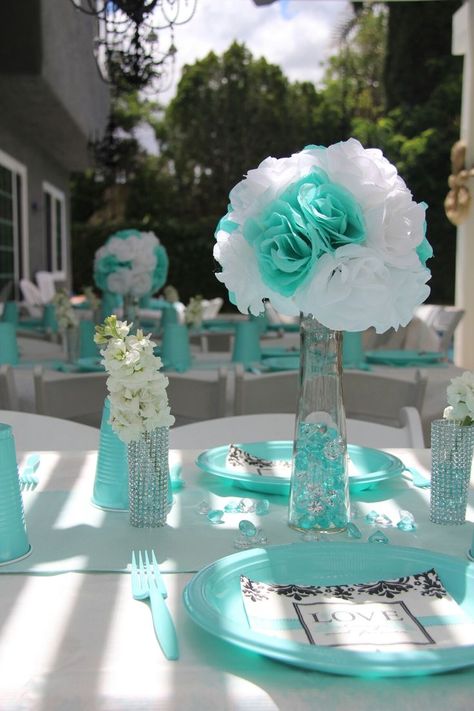 Aqua And Gray Wedding, Teal And White Party Ideas, Teal And White Birthday Decorations, Aqua Sweet 16 Decorations, Purple Turquoise And Grey Wedding, Teal Centerpieces Wedding Table Decor, Teal Sweet 16 Party Ideas, Aqua Centerpieces, Turquoise Wedding Centerpieces