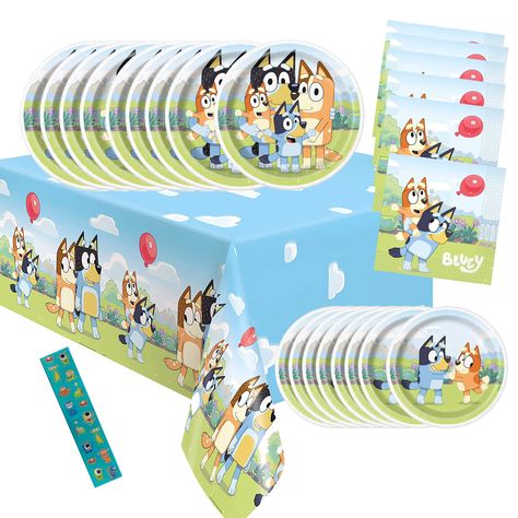 PRICES MAY VARY. ✅This Bluey birthday decorations bundle is everything you need for a perfect Bluey birthday Party! ✅This Bluey birthday party supplies kit contains everything you need for easy setup and takedown. This Bluey party supplies pack includes: 16 Bluey Lunch Plates 9",16 Bluey Desert Plates 7",16 Bluey Napkins 6.5",1 Bluey Tablecover 54"x84" and 1 Bonus Stickers (not Bluey) ✅Bluey birthday party supplies set are made from high quality paper, and can easily hold any kind of food or dri Bluey Party Supplies, Bluey Birthday Decorations, Bluey Party Decorations, Bluey Bluey, Bluey Birthday Party, Desert Plates, Bluey Party, Bluey Birthday, Party Bundles