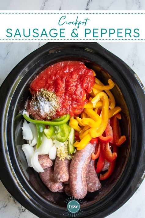 Easy to make, this recipe for Crockpot Sausage and Peppers will be an instant hit. Just dump and go and this meal cooks itself with delicious sausages together with peppers, onions, and canned tomatoes to make a meal everyone will love. Crockpot Sausage and Peppers, Slow Cooker Sausage and Peppers, Italian Sausage Crockpot, sausage peppers and onions crockpot, Slow Cooker Italian Sausage Sausage And Pepper Crockpot, Sausage N Peppers Recipes, Sausage And Peppers With Marinara, Italian Sausage Peppers Onions Tomatoes, Keto Crockpot Sausage And Peppers, Sweet Sausage Crockpot Recipes, Crock Pot Hot Sausage And Peppers, Chicken Sausage In Crockpot, Dump And Go Crockpot Dips