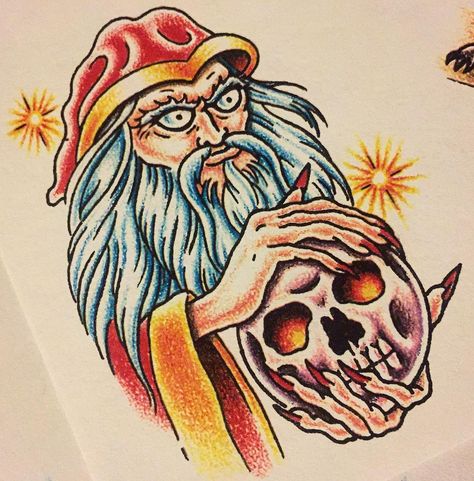 Official Tattoo Brand Flash, Cherry Creek Tattoo Flash, Traditional Wizard Tattoo, Wizard Tattoo Design, Brand Tattoo, Wizard Tattoo, Vintage Tattoos, Tattoo Tips, Tattoo Catalog