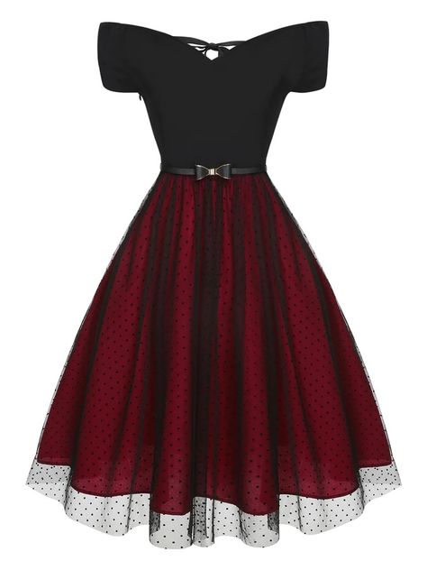 Wine Red 1950s Polka Dots Drop Shoulder Belt Dress | Retro Stage Retro Christmas Dress Women, 1950s Christmas Dress, 59s Fashion, Womens Red Dress, Black Retro Dress, Christmas Dress Ideas, 1950 Dresses, Casual Red Dress, 1960s Clothing